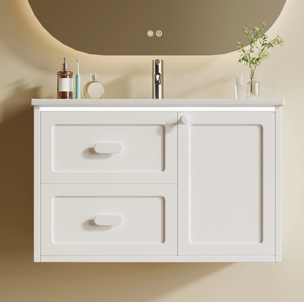Mobile lavabo da bagno sospeso 76x46x51 cm in MDF laccato con lavabo in ceramica, 2 cassetti, LED con sensore radar, bianco