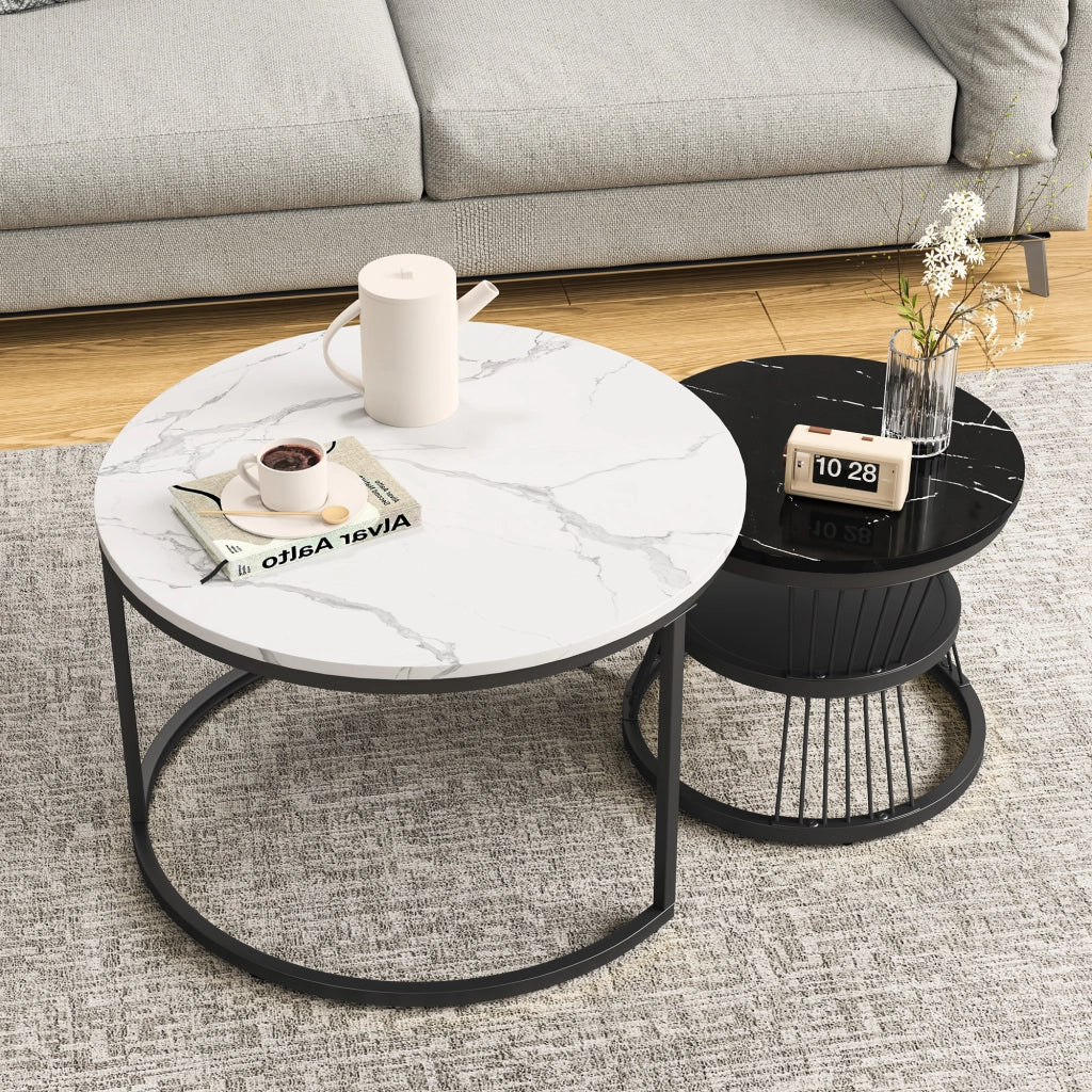 Tavolino salotto rotondo 70x70x45 cm set 2 pezzi tavolino da divano impilabile effetto marmo struttura in metallo - nero e bianco