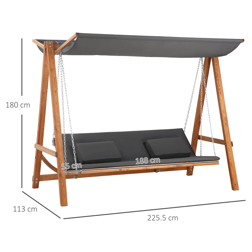 Altalena Hollywood a 3 posti con funzione letto, altalena da giardino con tettoia, in legno di pino grigio e teak, 225,5x113x180 cm