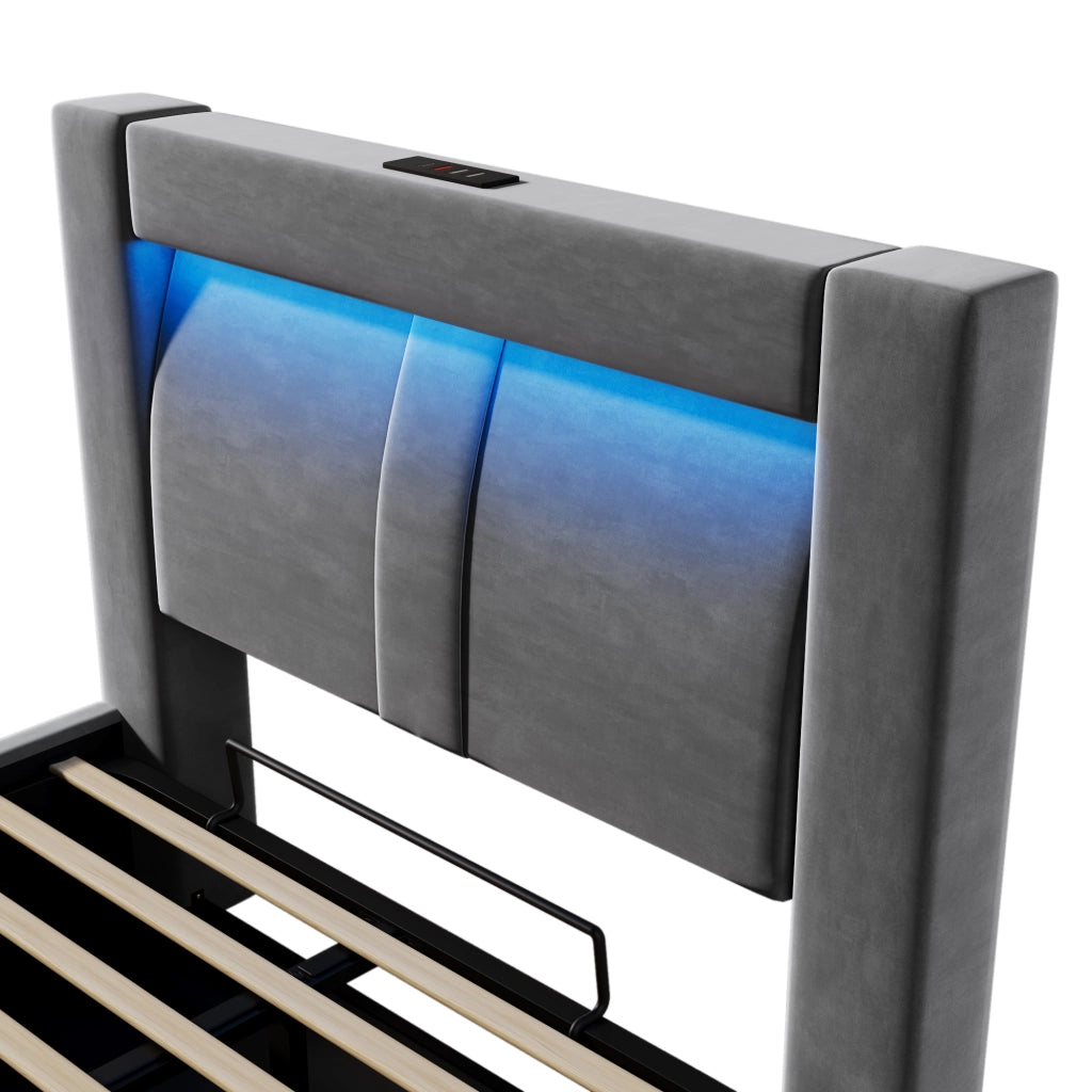 Letto contenitore singolo 90×200 cm con LED; prese USB e Type-C; materasso incluso; velluto; grigio