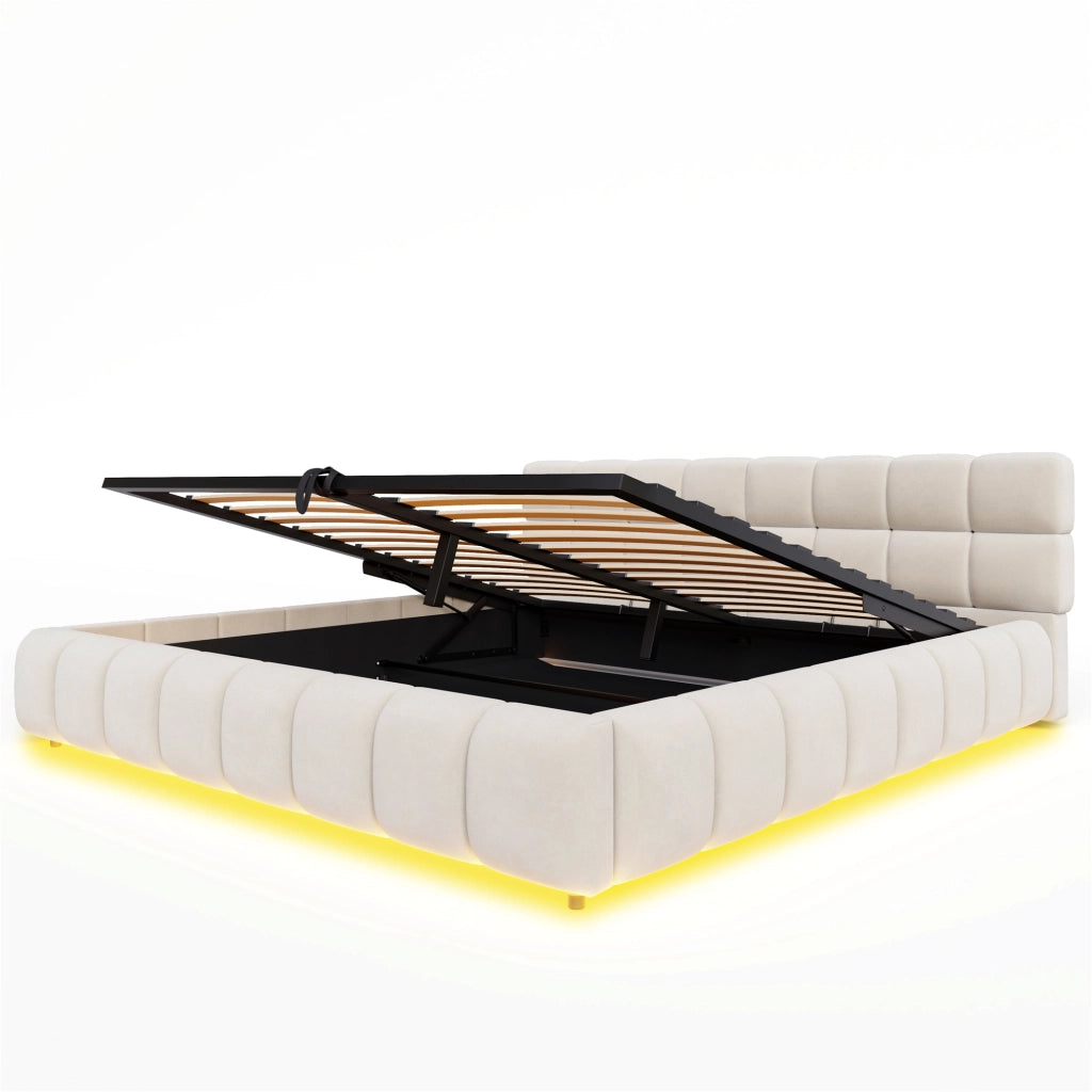 Letto contenitore matrimoniale 200 × 160 cm, illuminazione LED regolabile e testiera imbottita, senza materasso, beige
