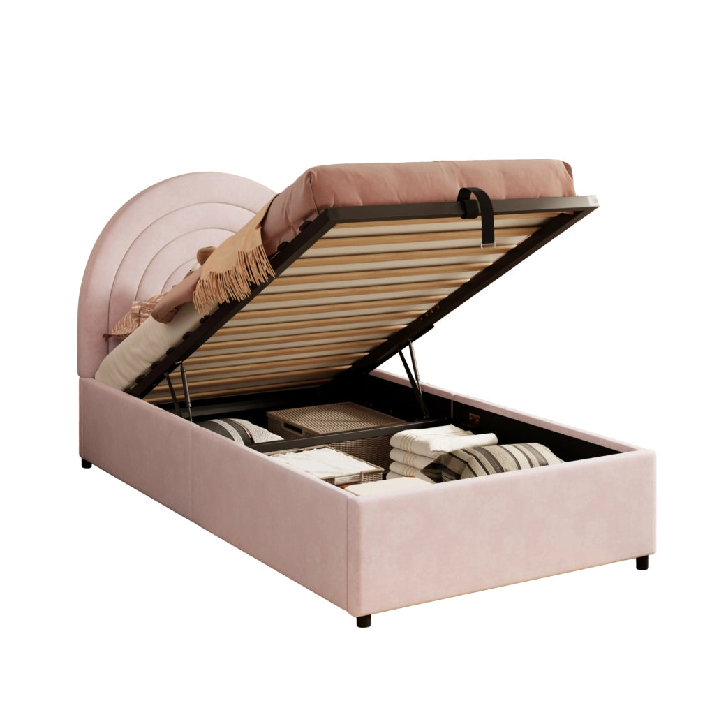 Letto singolo imbottito 90x200 cm con testiera in velluto rosa e rete a doghe