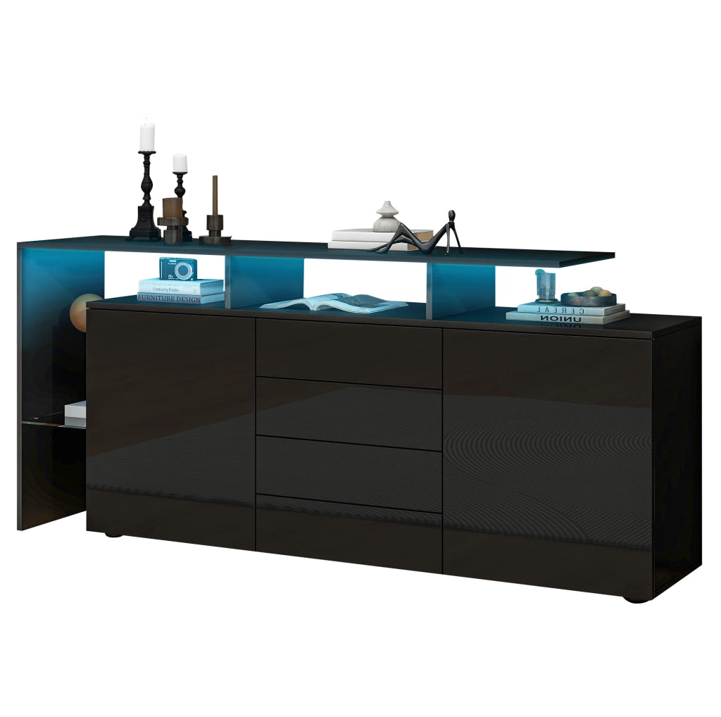 Sideboard 160x35x70 cm con LED e USB; 2 porte; 4 cassetti; nero