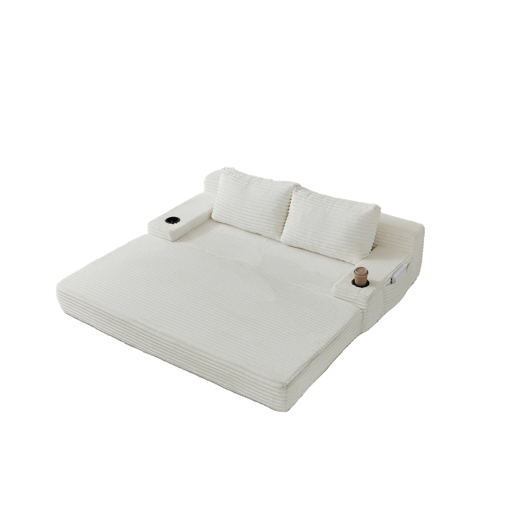 Divano letto 2 in 1 con portabevande e tasche laterali in velluto a coste beige