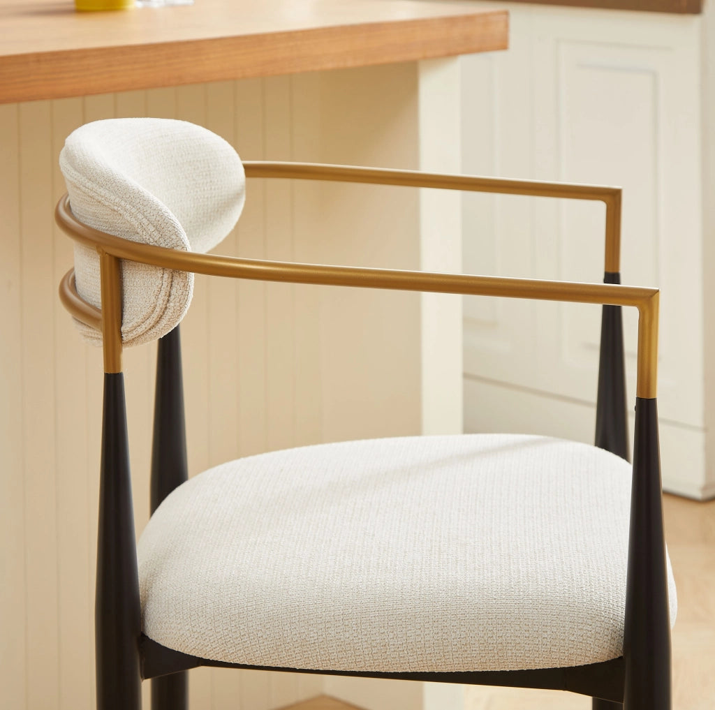 SGABELLO DA BAR Set da 2 pezzi con braccioli, tessuto beige, struttura nero e oro