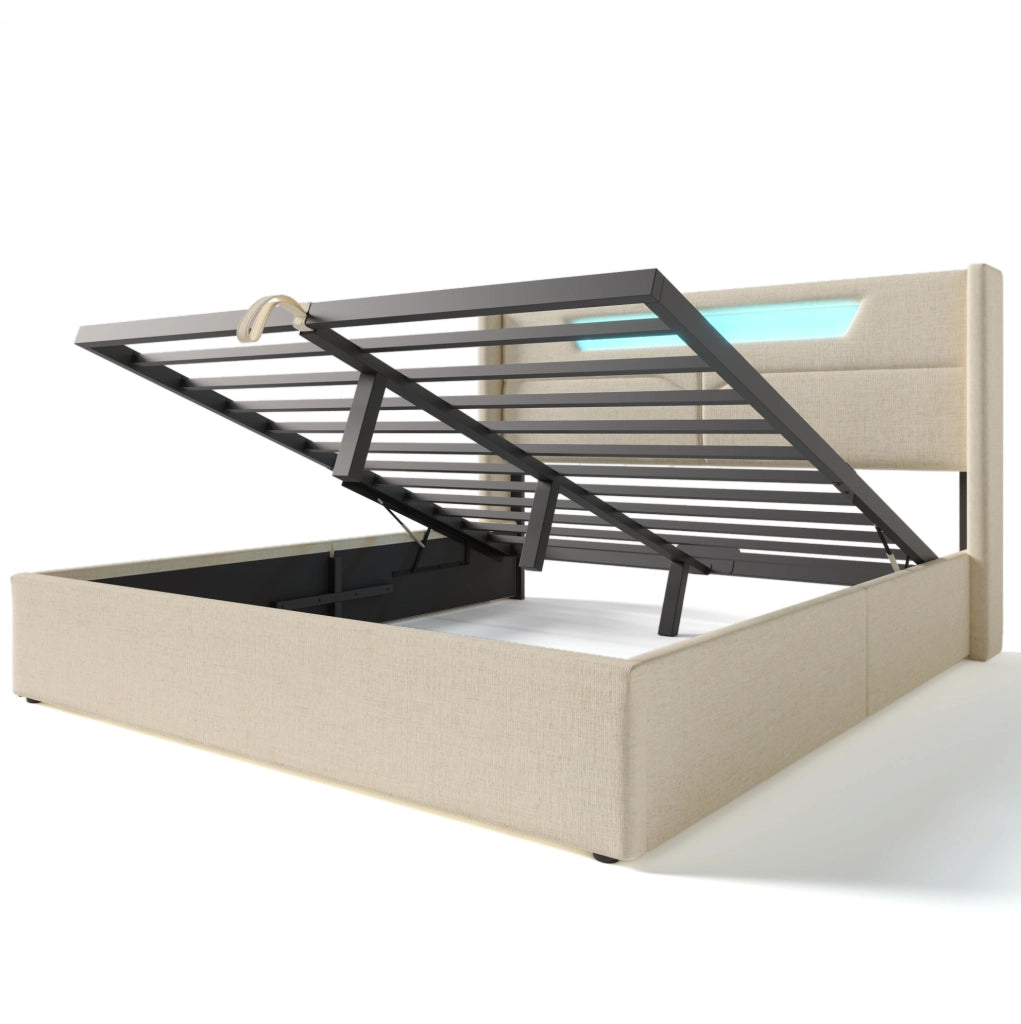Letto matrimoniale imbottito con LED, USB e spazio contenitivo