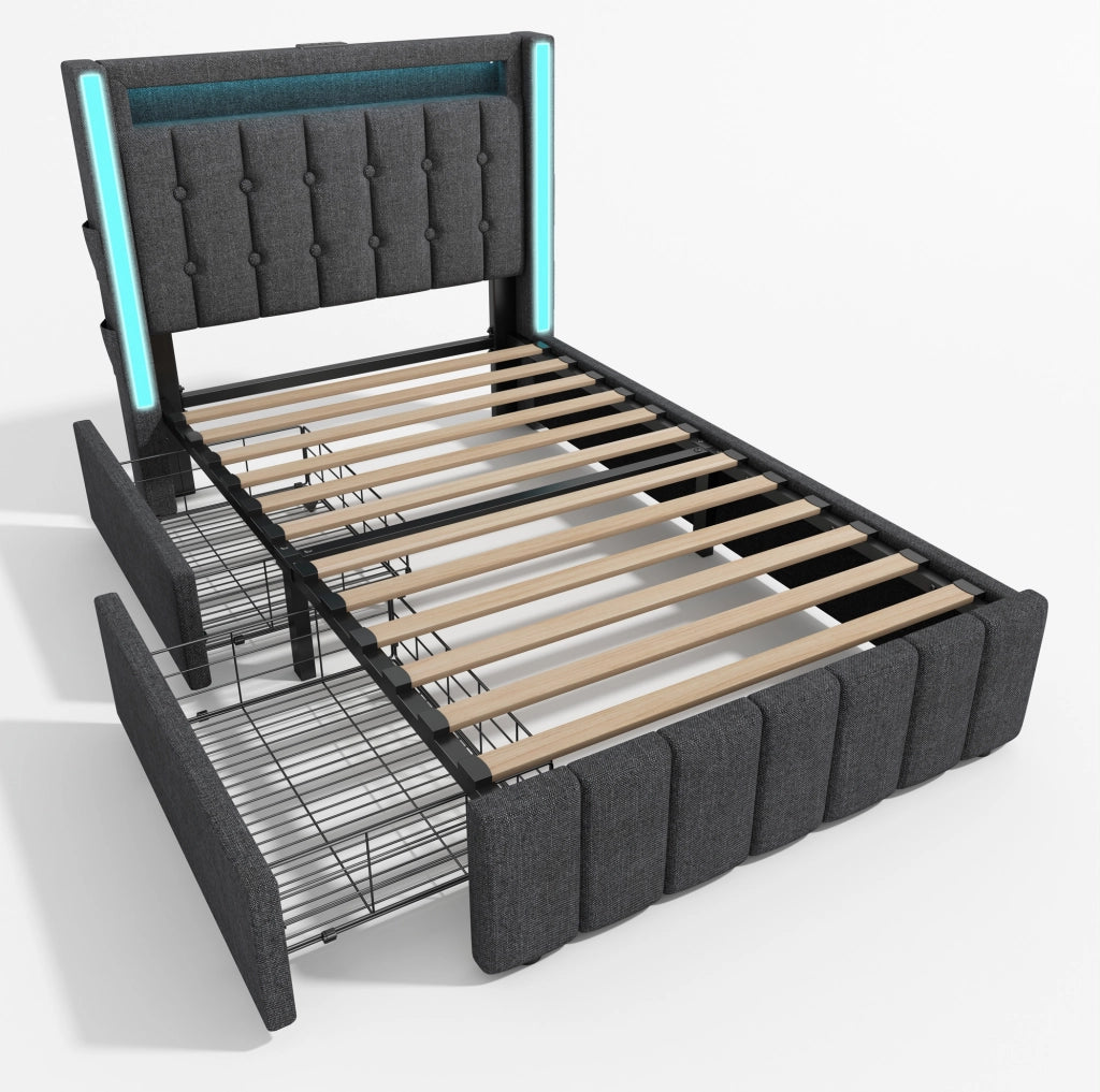 Letto singolo 90x200 cm con USB, USB-C, LED e 2 cassetti in lino grigio
