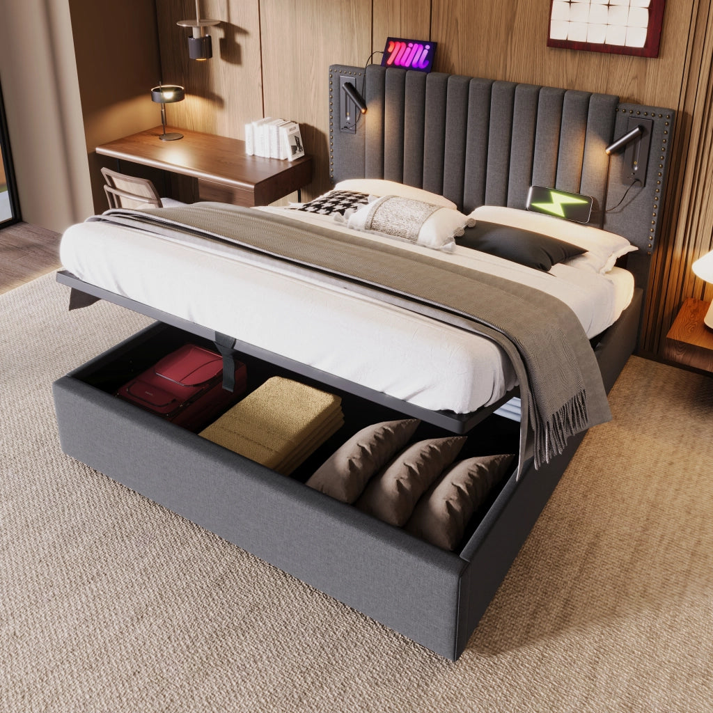 Letto imbottito 140x200 con contenitore; grigio