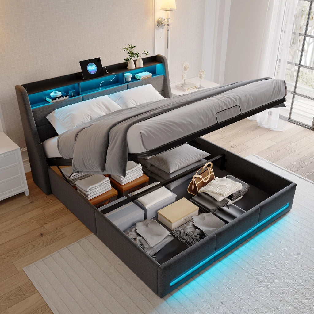 Letto contenitore 140x200 cm in lino grigio;con vano portaoggetti;luci LED/USB;rete a doghe e testiera;per ragazzi e adulti