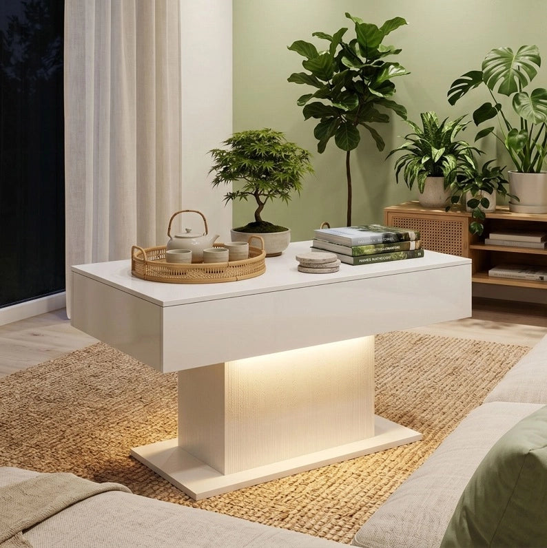 Tavolino da caffè LED bianco lucido con 2 cassetti e telecomando