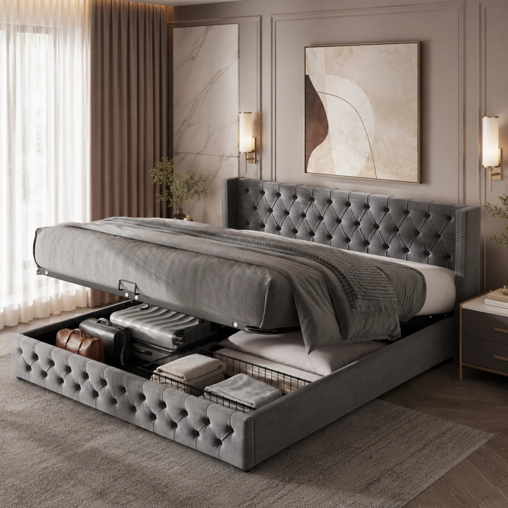 Letto matrimoniale contenitore 180 × 200 cm in velluto grigio con sollevamento idraulico, senza materasso