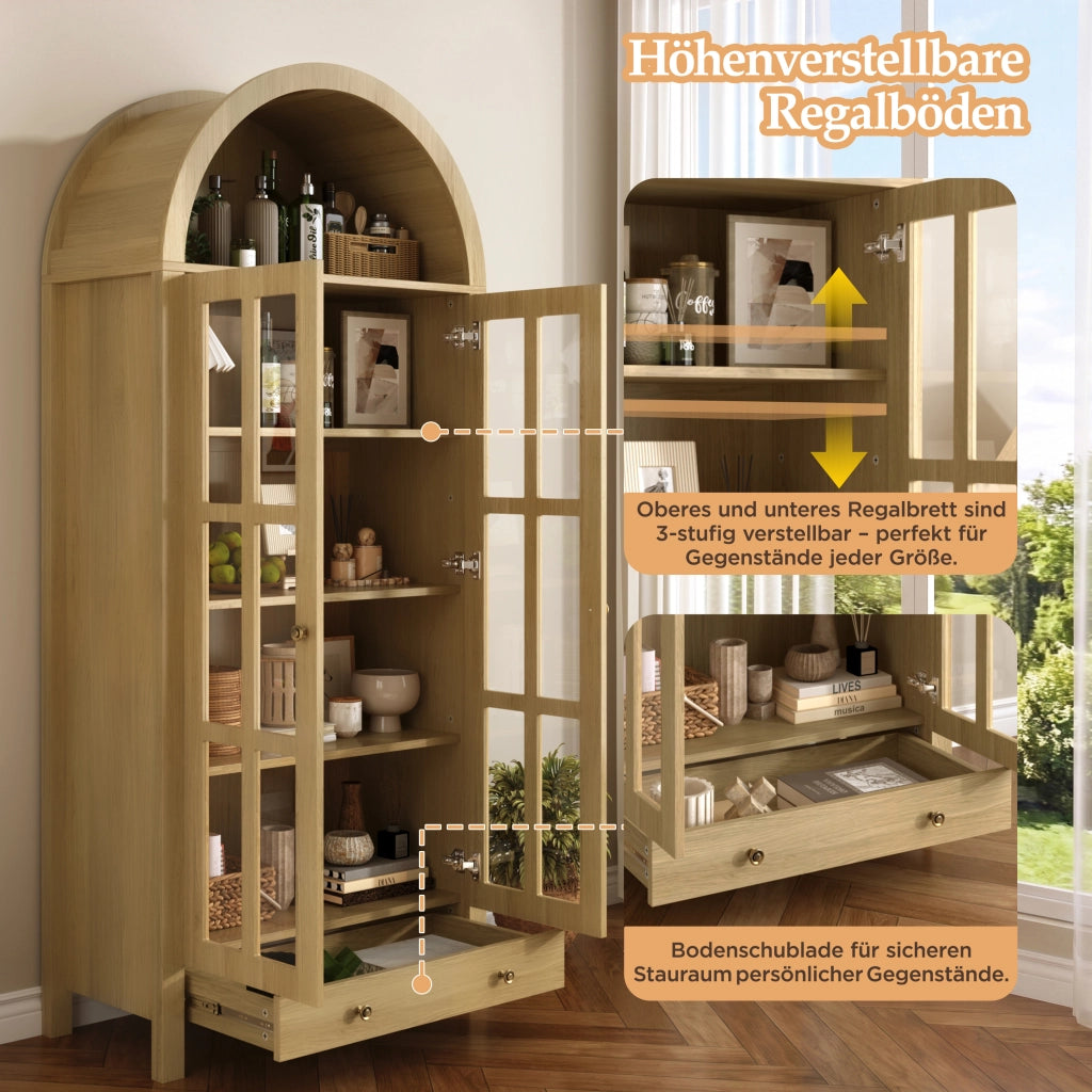 Vetrina ad arco con ante in acrilico trasparente e cassetto in MDF naturale per soggiorno 75 × 35 × 170.5 cm