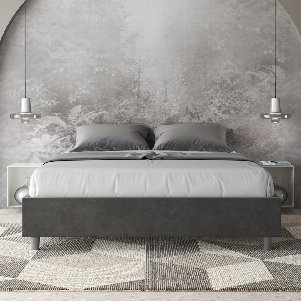 BS COM Letto matrimoniale francese con rete imbottito 140x200 microfibra grigio