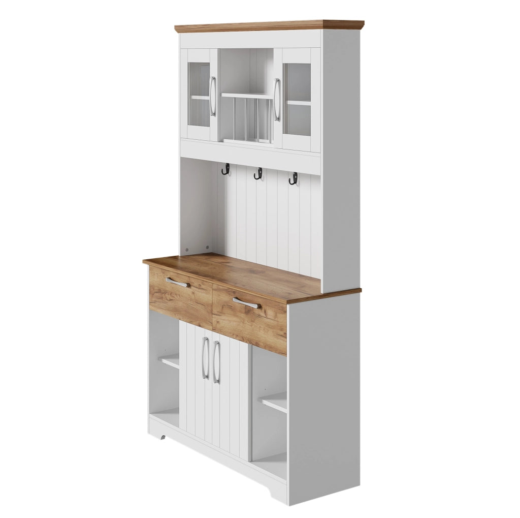 Buffet grande da cucina con ampio spazio di archiviazione, vetri trasparenti, 2 cassetti, ante e appendiabiti – 106×39×176,5 cm, bianco e color legno