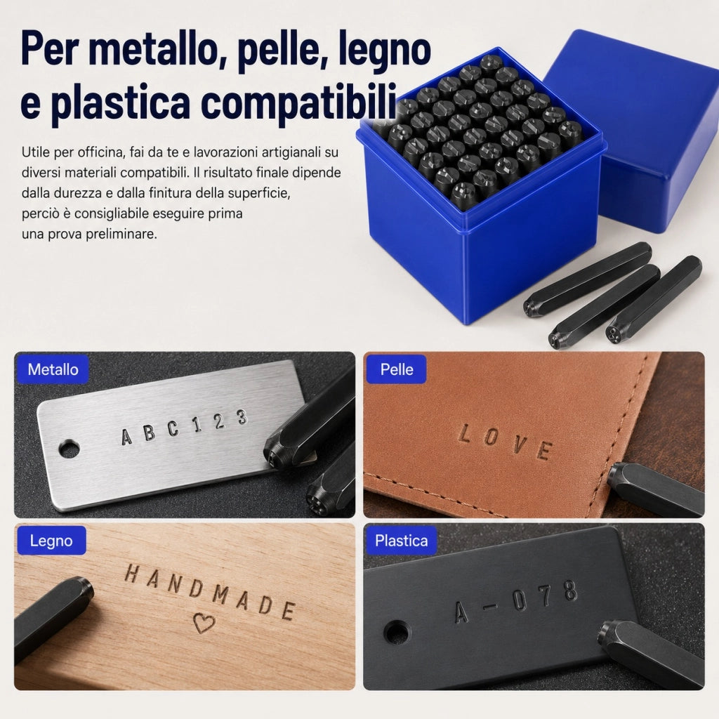 Set 36 Punzoni Alfanumerici 4 mm in Acciaio Temprato con Custodia