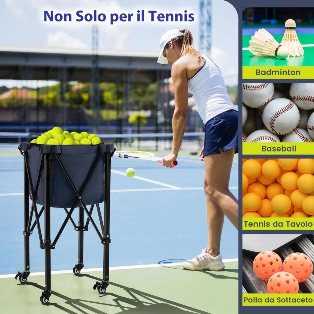 Carrello Porta Palline da Tennis, Carrello da Tennis Pieghevole in Alluminio con Ruote Frenate, Borsa Rimovibile Tasche Laterali, Borsa per Il Trasporto, Max 150 Palline Tennis