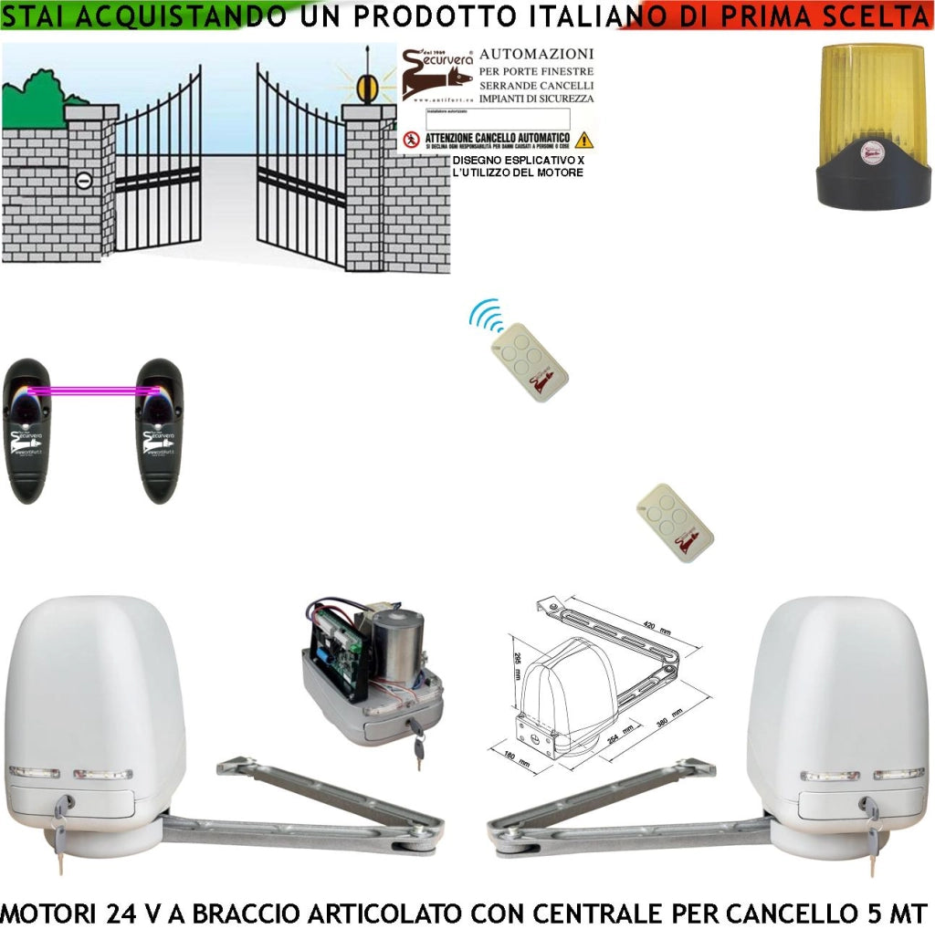 Cancello Elettrico Kit Motori a Braccio Articolato 24 V 2 Ante da 0,5 a 2,5 MT Centrale 220/24 V 2 Radiocomandi Faro Fotocellula