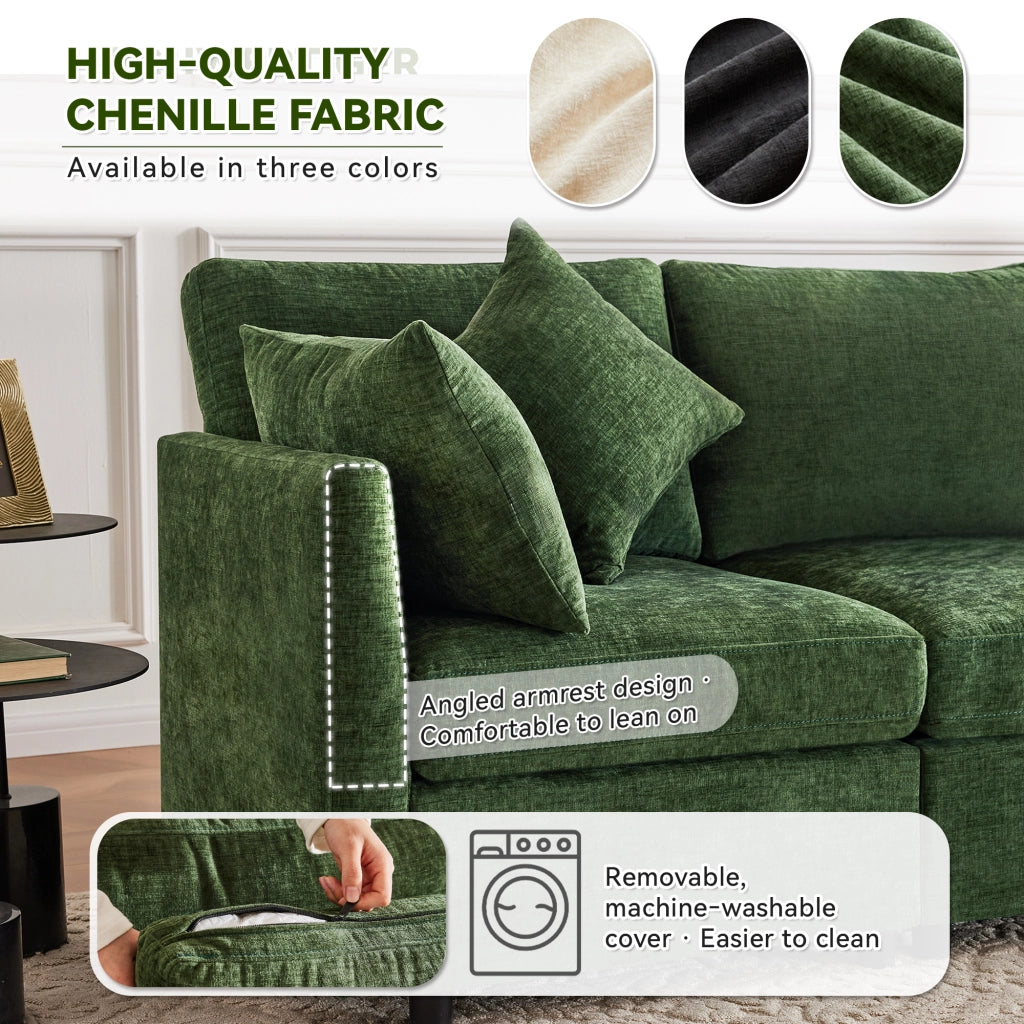 Divano Angolare Modulare 3 Posti con Poggiapiedi e Cuscini ¨C MINIMAL ¨C Verde, Tessuto Chenille
