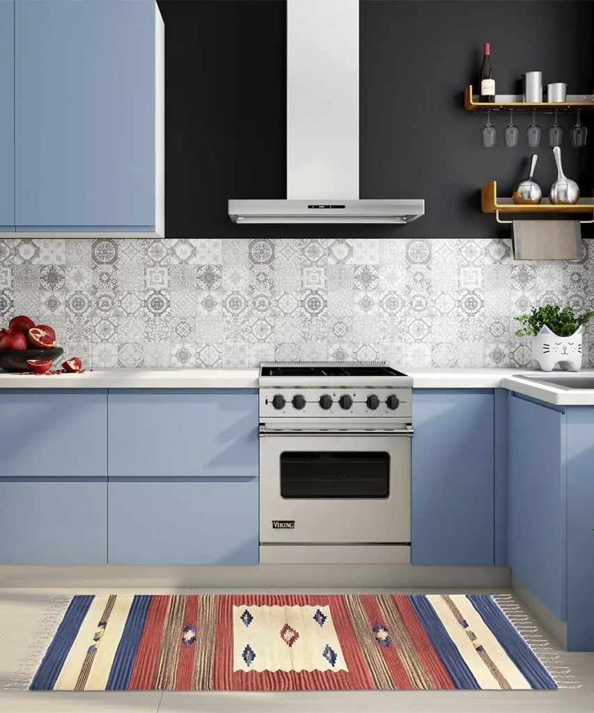 Tappeto passatoia KELIM 02 disegni etnici orientali colori vivaci cm.60x280 tessuto e frangia 100% cotone, lavabile in lavatrice