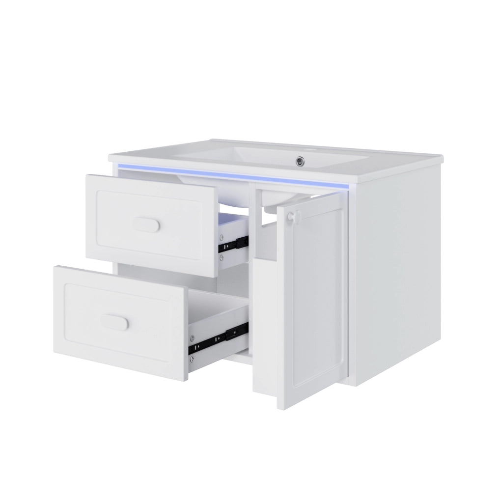 Mobile lavabo da bagno sospeso 76x46x51 cm in MDF laccato con lavabo in ceramica, 2 cassetti, LED con sensore radar, bianco