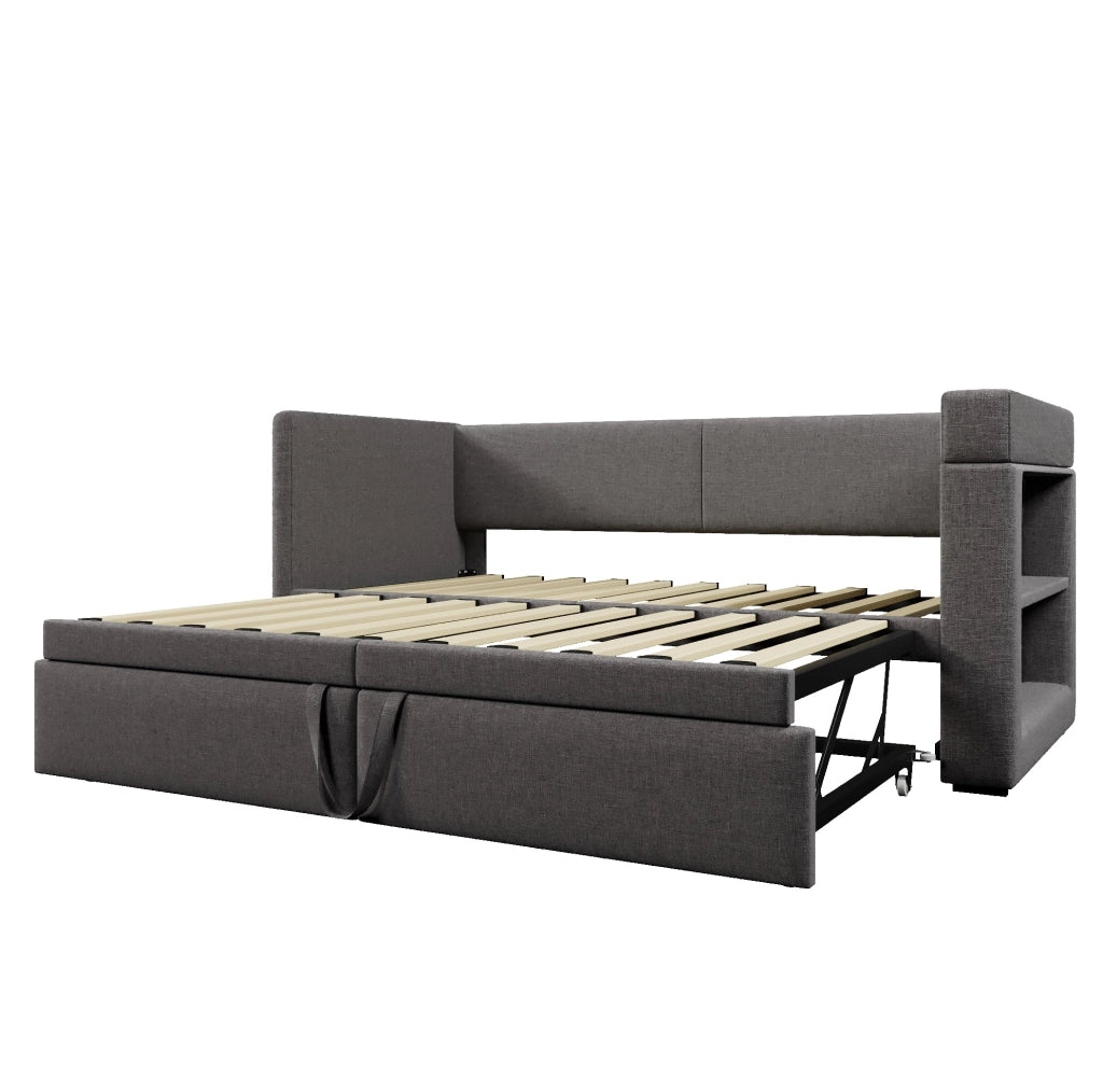 Daybed imbottito 90x200 cm con letto estraibile, USB, Type-C e portabicchieri