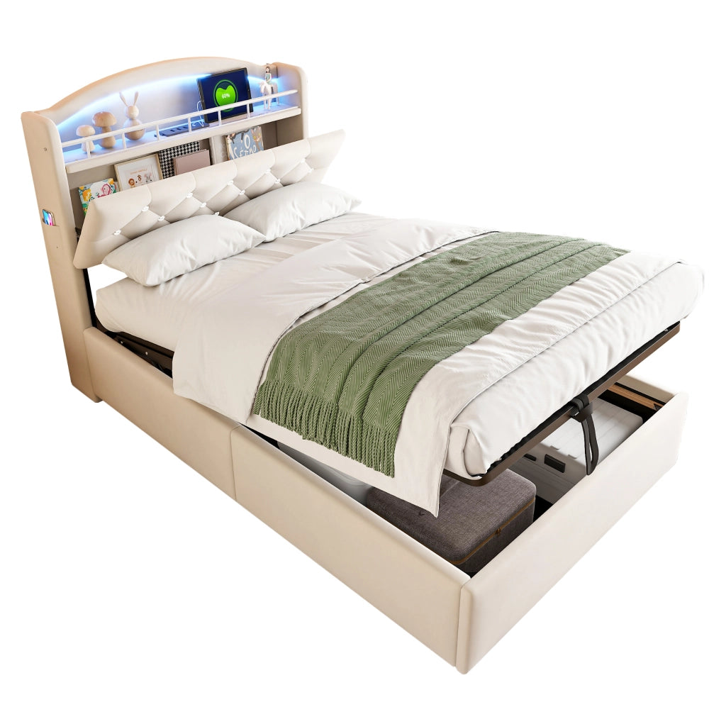Letto imbottito per bambini 90x200 cm in velluto beige con LED, USB e vano contenitore