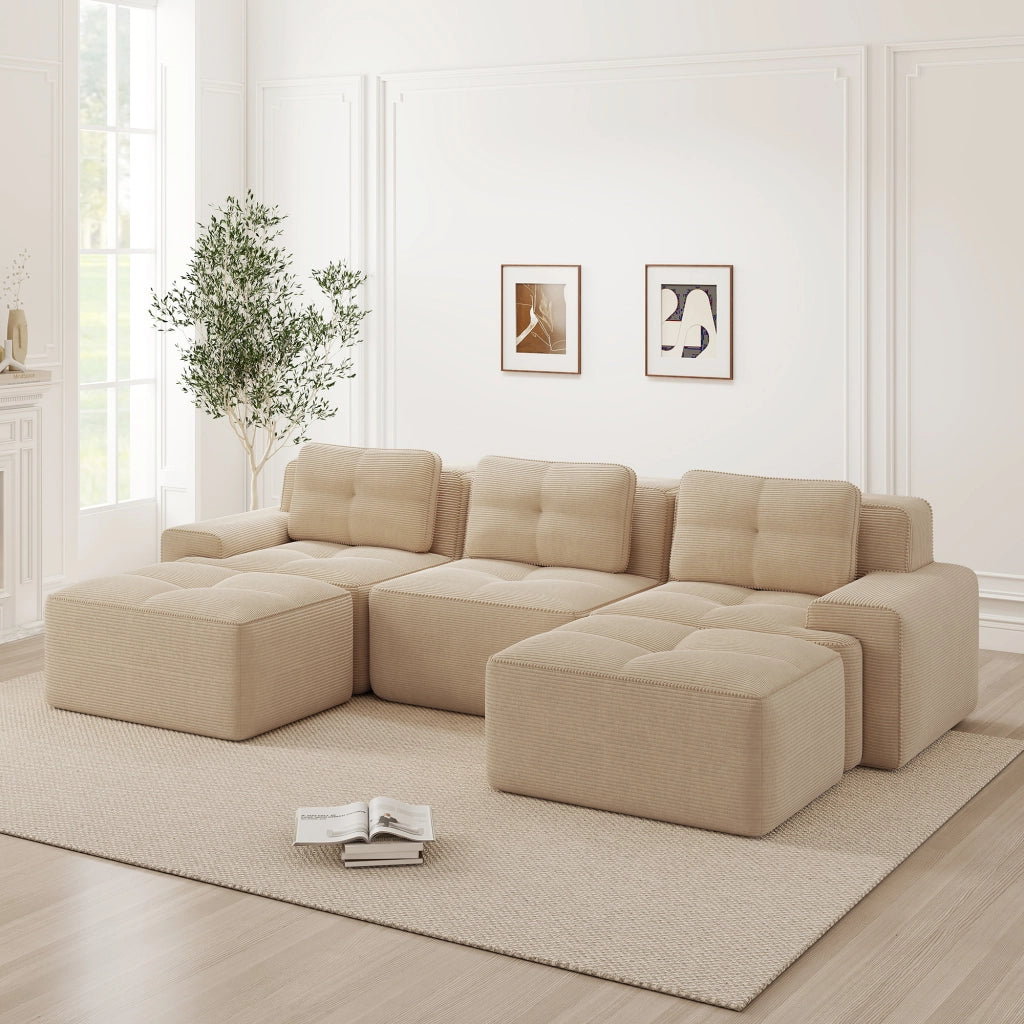 Divano Modulare Cloud U ¨C MINIMAL ¨C Velluto a Coste, 3 Posti, Poggiapiedi, Beige