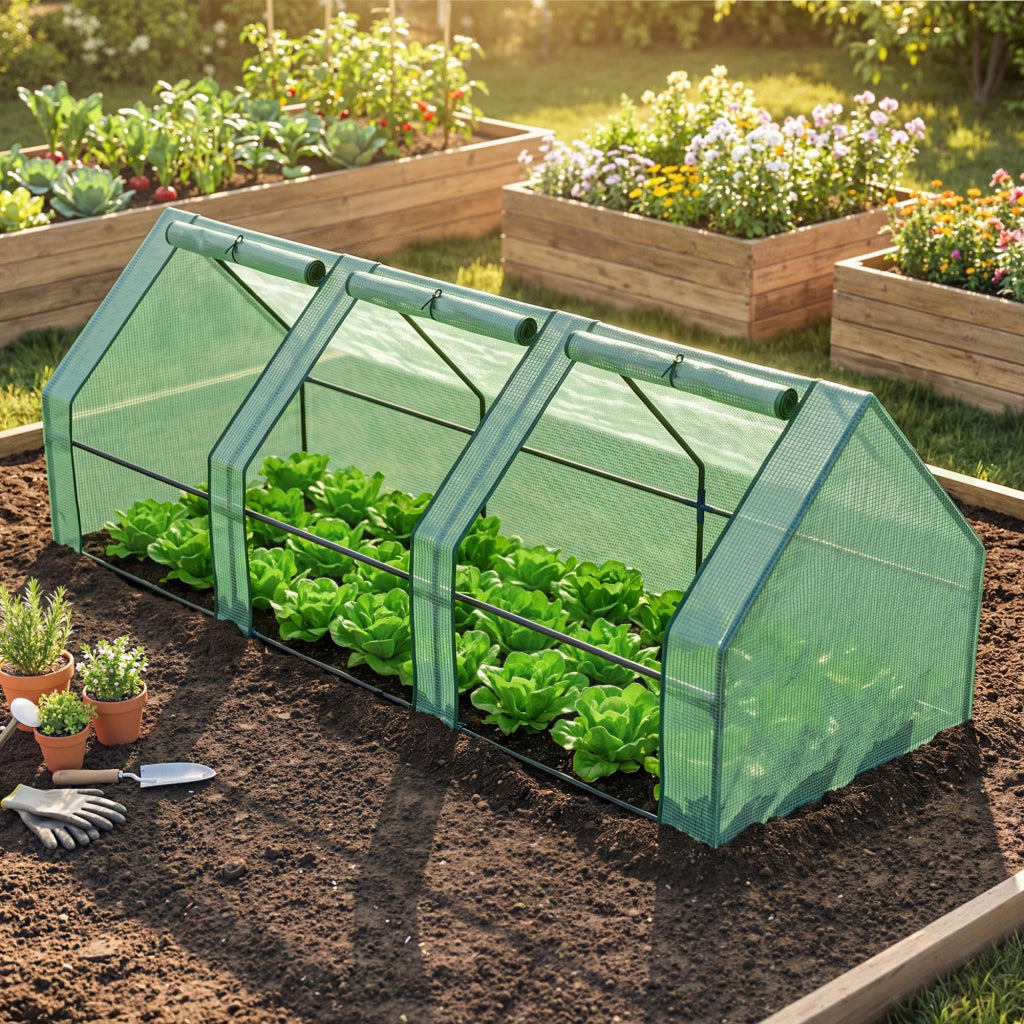 Serra da Giardino a Tunnel in PE per Piante e Fiori con Bordi Allungati e Porte a Cerniera, 270x90x90 cm, Verde scuro