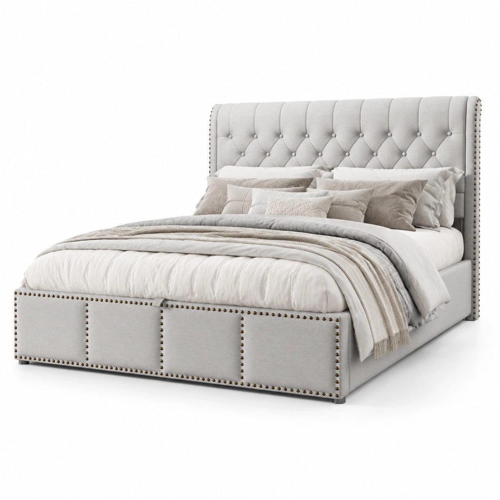 Letto imbottito grigio con contenitore 140 x 200 cm