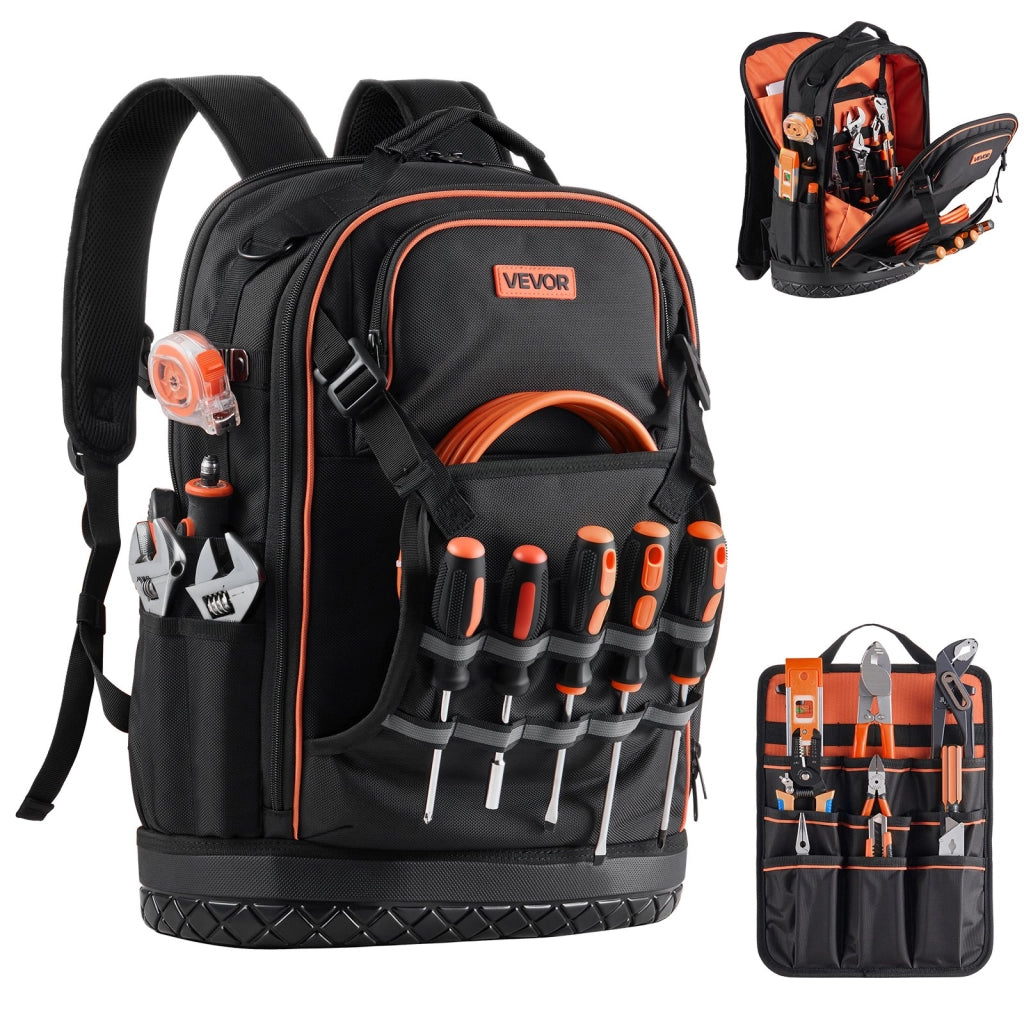 Zaino portautensili da lavoro con 65 tasche, borsa per attrezzi resistente in tessuto Oxford 1680D e base PVC per elettricisti, nero e arancione
