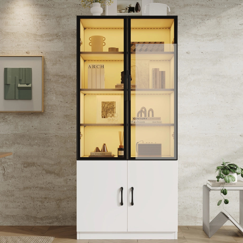 Vetrina LED multicolore con 2 ante e ripiani espositivi per soggiorno in vetro e truciolato bianco 120 × 40 × 160 cm