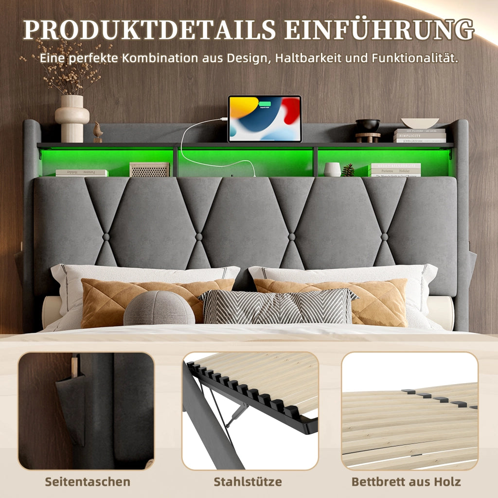 Letto imbottito 140 × 200 cm con contenitore; testiera con ripiano e LED; USB e Type-C; velluto grigio scuro