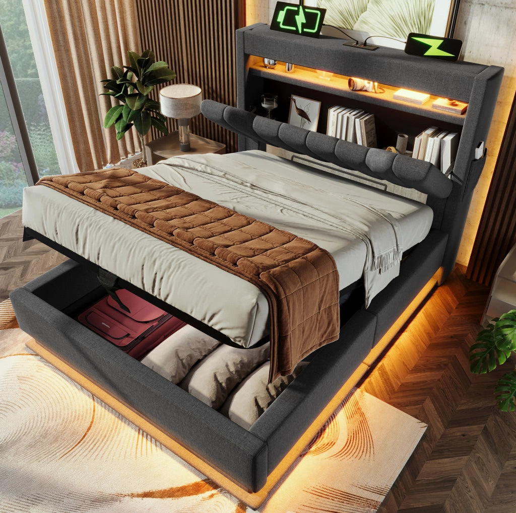Letto singolo 90x200 con LED, testiera contenitore e porte USB