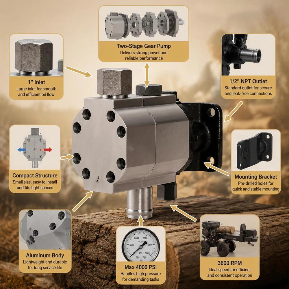 Hydraulic Log Splitter Pump Set, 60.6 L/min, 2-stage 276 Bar Aluminum Hydraulic Gear Pump, With Valve 2.54 Cm Inlet 1.27 Cm NPT Outlet 3600 Rpm, For Small Motor Mounting Log Splitters