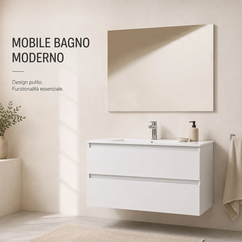 Mobile da Bagno Sospeso con Specchio e 2 Cassetti Otranto Larghezza 90cm Bianco
