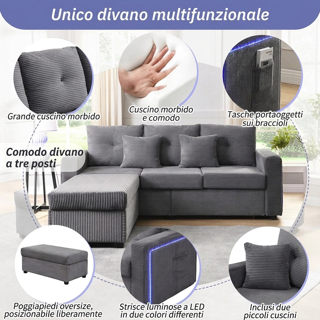 Divano 3 posti con pouf e 5 cuscini; divano angolare a L con luci LED; velluto a coste; grigio antico; 184 cm
