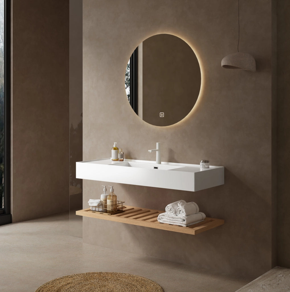 Mobili bagno 120 cm con lavabo rettangolare in acrilico bianco lucido e ripiani effetto legno naturale