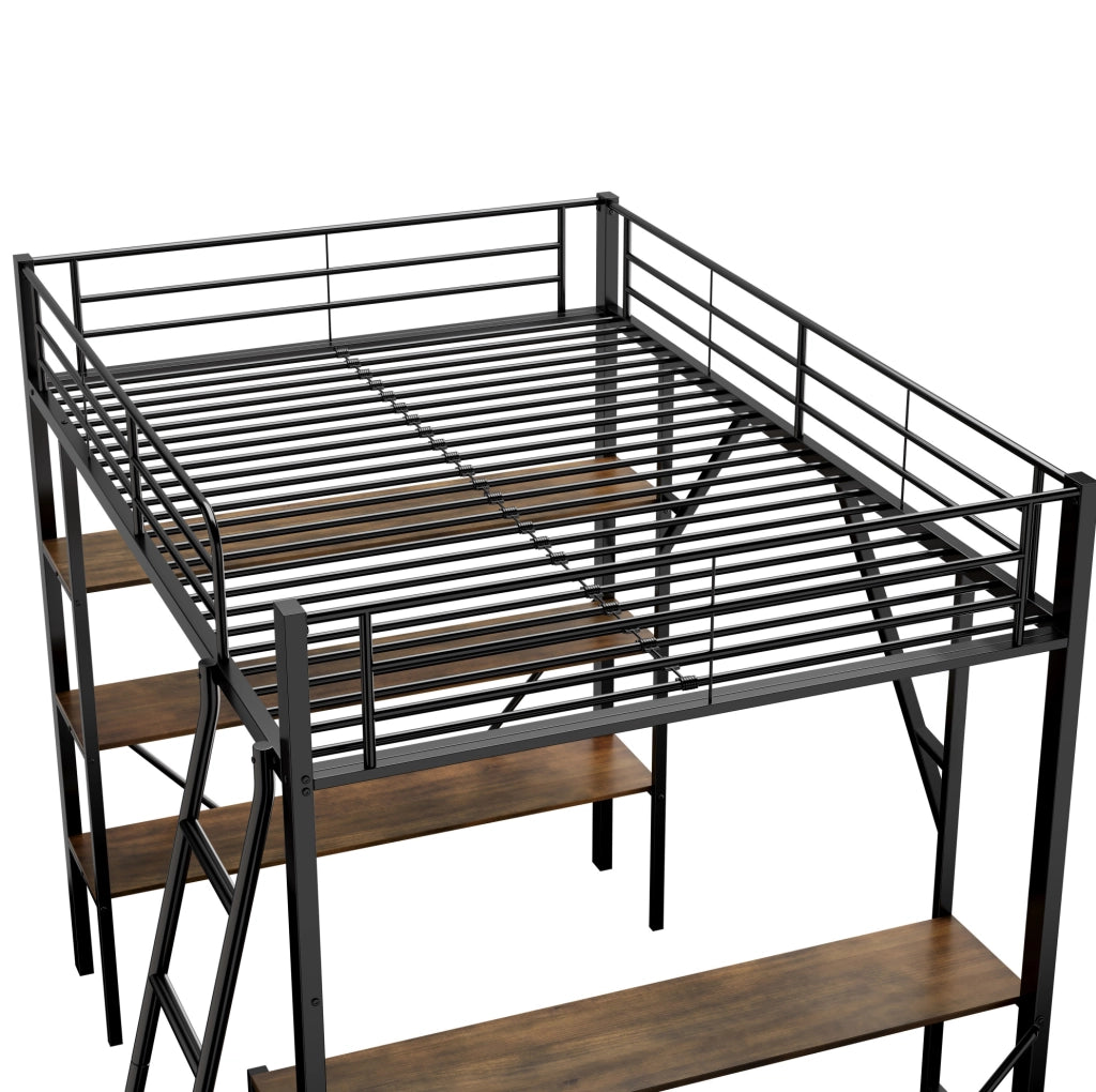 Letto a soppalco 90x200 cm in metallo con scrivania e 3 ripiani, nero