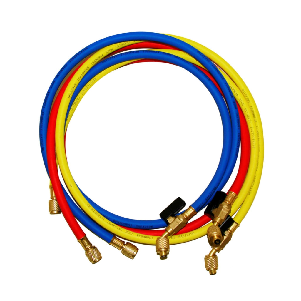 KIT 3 TUBI DI CARICA GAS REFRIGERANTI R410A/R32 - ATTACCHI 1/4 SAE - ROSSO-GIALLO-BLU- LUNGHEZZA 150CM  - GER