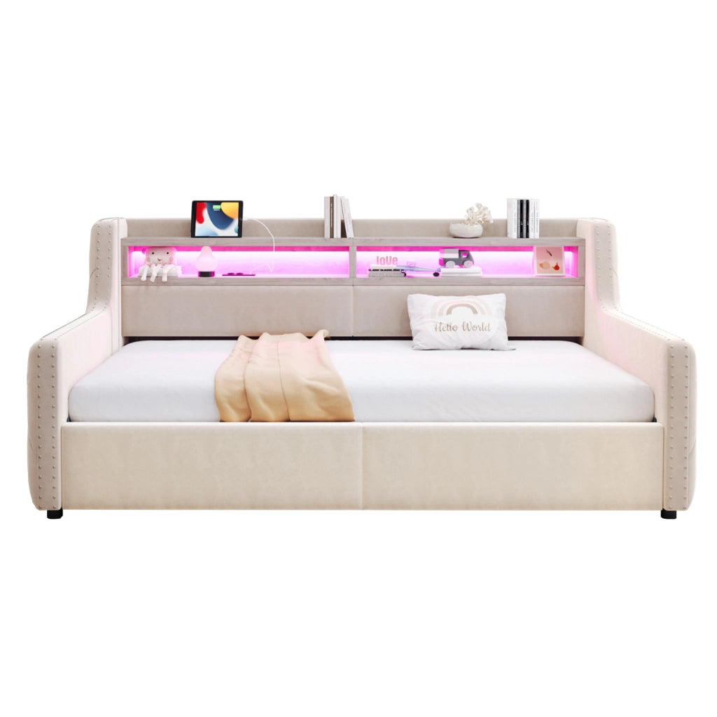 Divano letto imbottito 90 × 200 cm con vano contenitore in velluto beige LED prese USB e tipo C