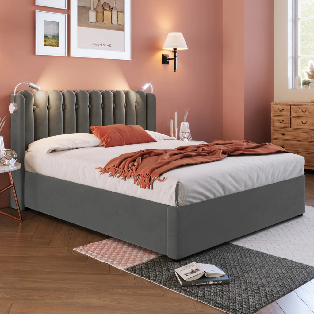 Letto imbottito 140x200 cm in velluto grigio con luci USB e vano contenitore