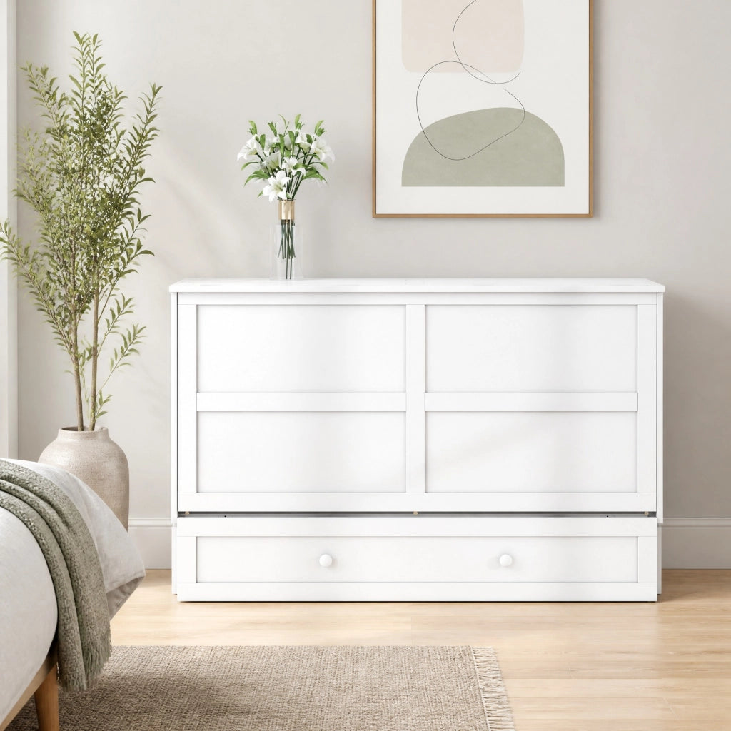 Letto pieghevole mobile 140x200 cm con cassetto e ripiani laterali, bianco