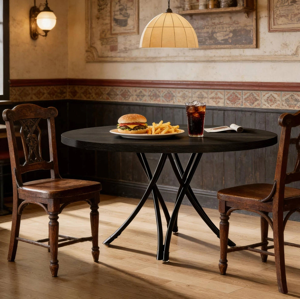 Tavolo rotondo classico nero da 120 cm per 4-6 persone, con gambe incrociate e montaggio semplice
