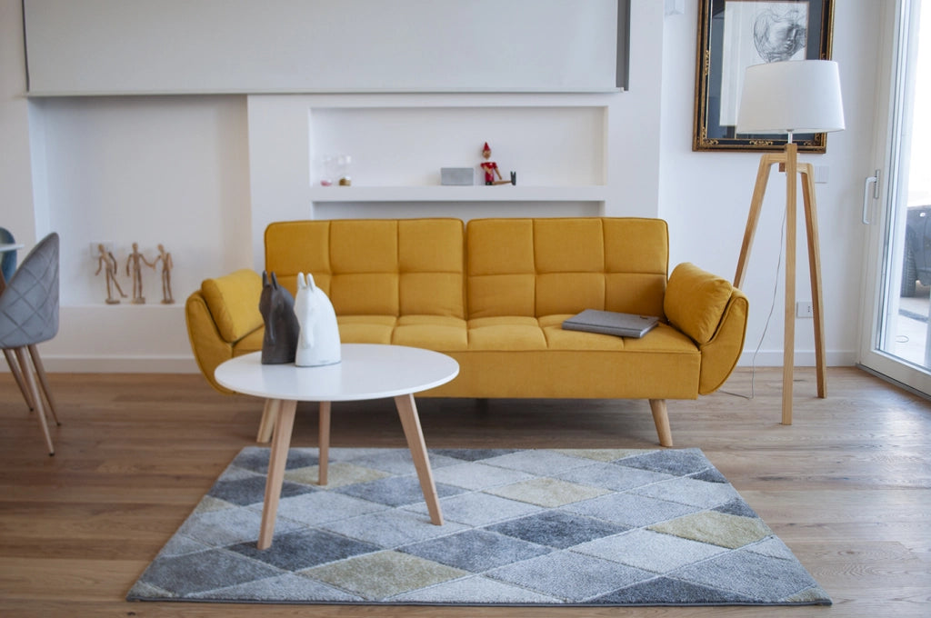 Divano letto clic clac in tessuto vellutato giallo piede legno naturale - divano 3 posti - Ambra - DL-AM16FBC