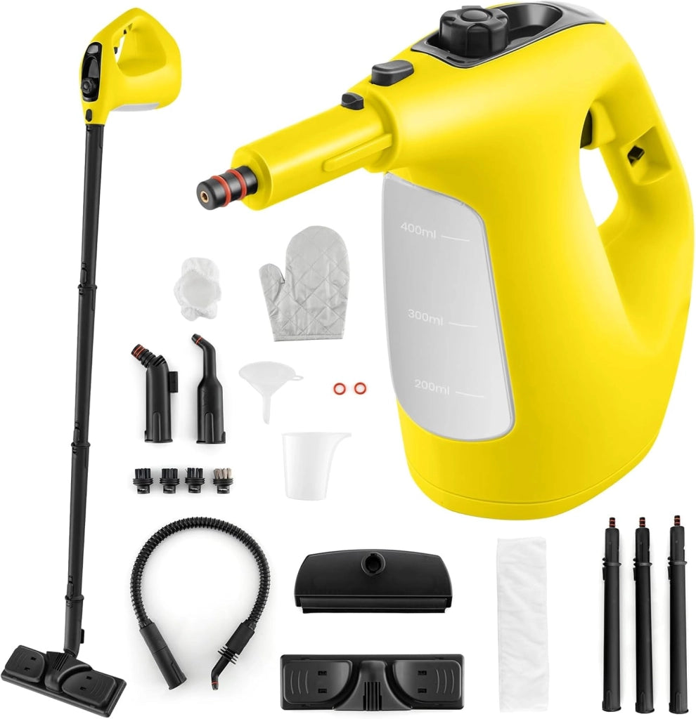 1500W Pulitore a Vapore Portatile, Macchina a Vapore con Serbatoio d'Acqua da 400 ml Blocco per Bambini e Kit di Accessori da 14 Pezzi, 33x13x24,5 cm (Giallo)