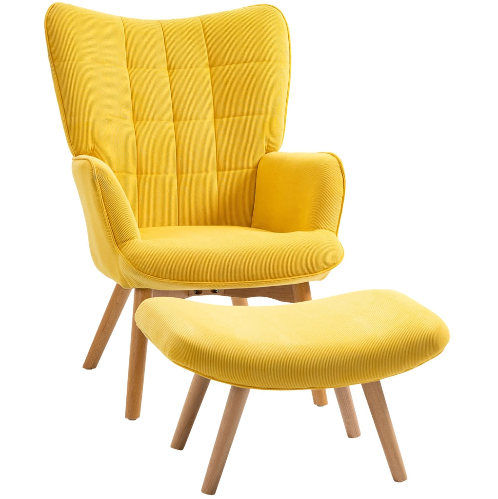 Poltrona relax gialla con ottomana e gambe in legno