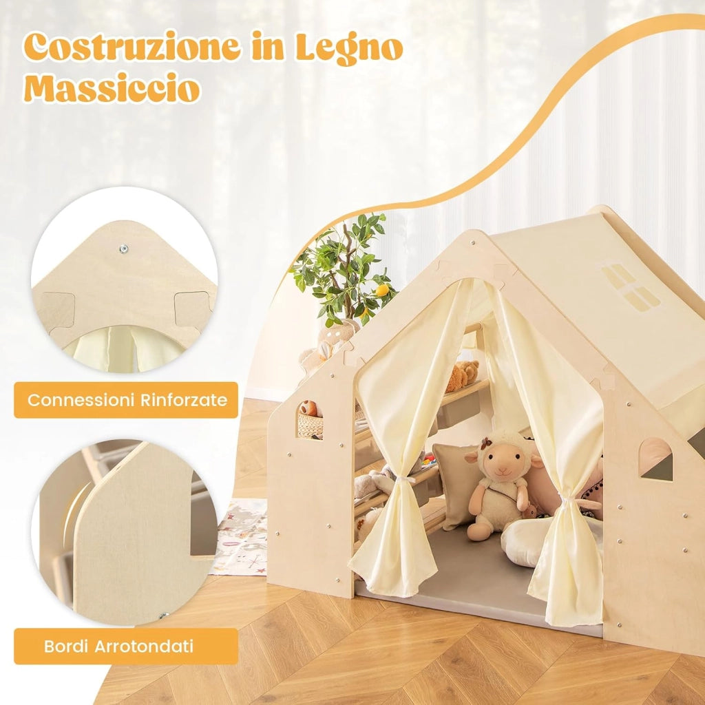 6 in 1 Tenda per Bambini in Legno, Beige, 98 x 145 x 113 cm, Tenda Casetta da Gioco con Tavolo e Sedia, Tappetino Morbido, Tappetino Lavagna Bifacciale e 6 Scatole Portagiochi Rimovibili