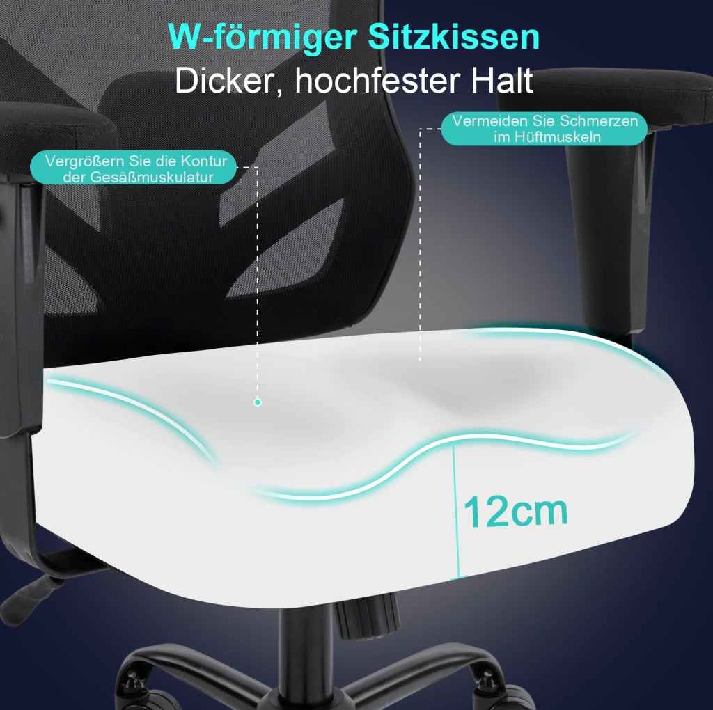 Sedia da ufficio nera ergonomica con supporto lombare regolabile e braccioli 2D