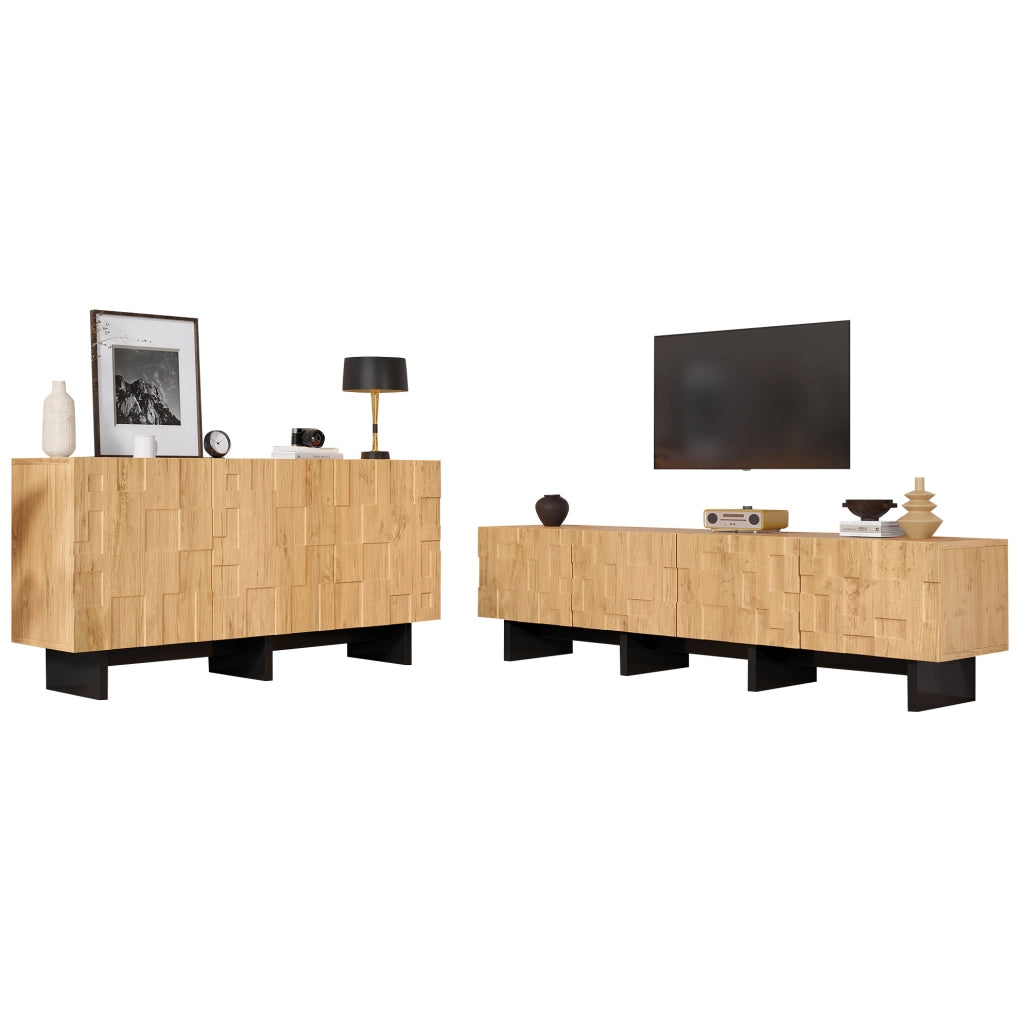 Set mobile TV e credenza ULEVR effetto legno naturale, TV 180 cm per schermi fino a 75 pollici, credenza 140 cm