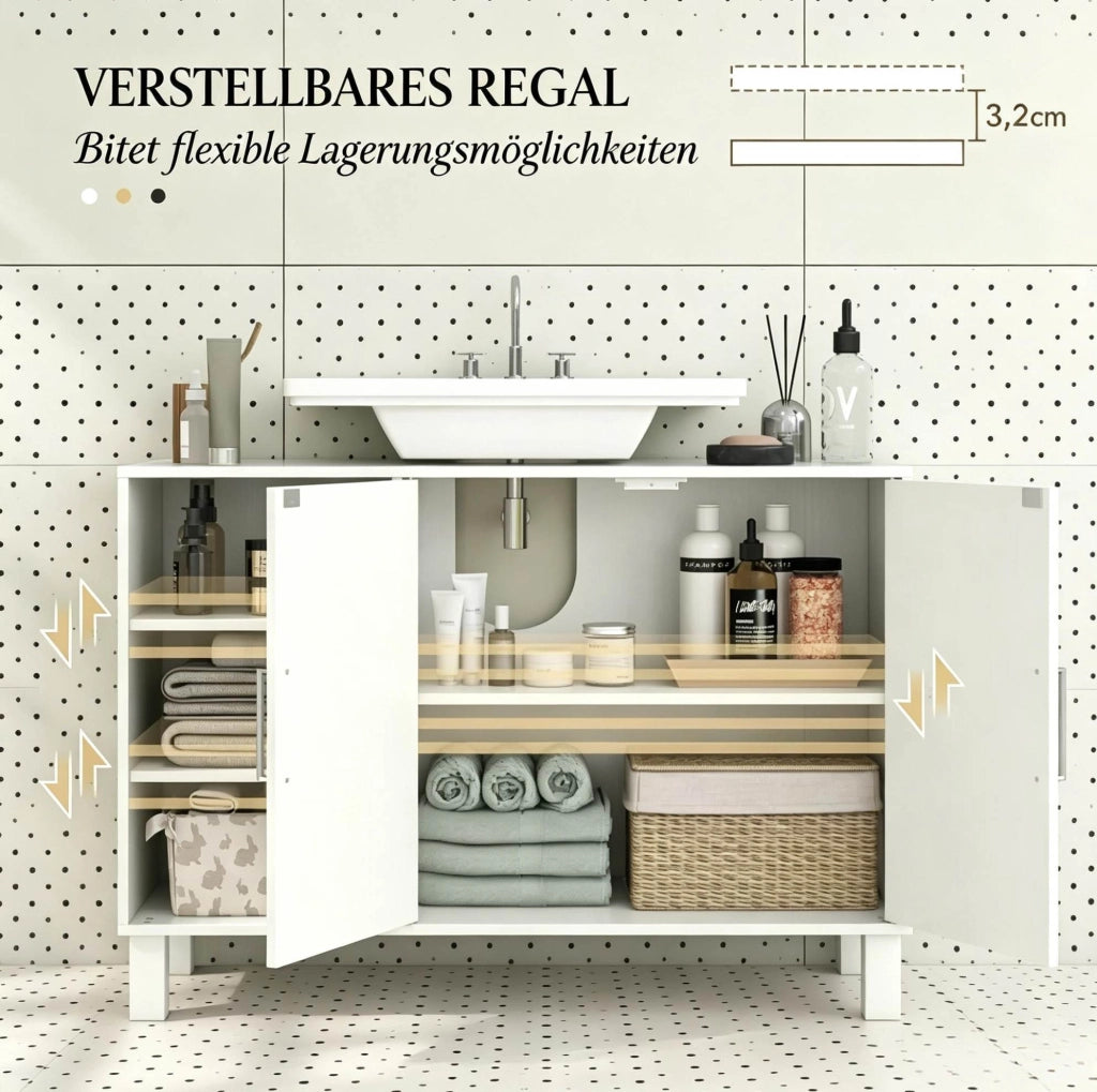 Mobile sottolavabo con 2 ante e ripiani regolabili; 90 × 30 × 63 cm; MDF e truciolare crema